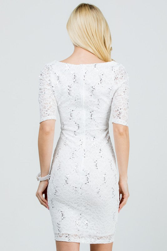 SEQUIN LACE KNIT SPANDEX | ELBOW SLEEVE PENCIL MINI DRESS | MADE IN USA
