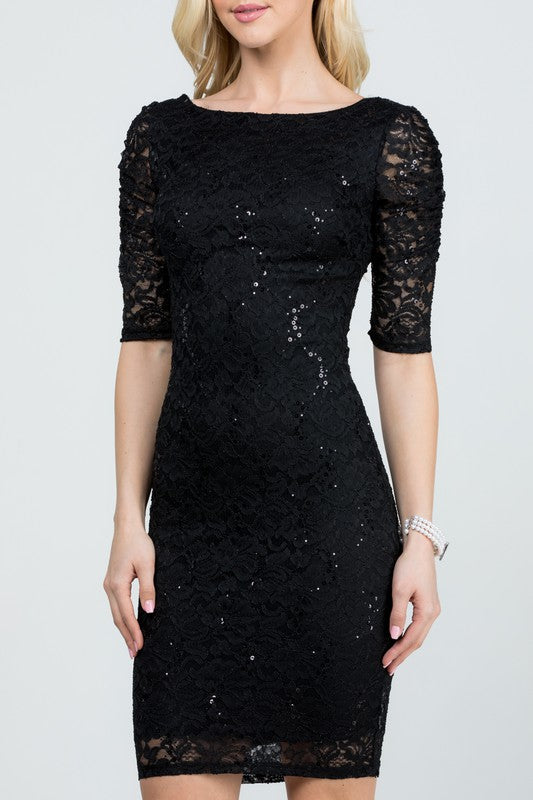SEQUIN LACE KNIT SPANDEX | ELBOW SLEEVE PENCIL MINI DRESS | MADE IN USA