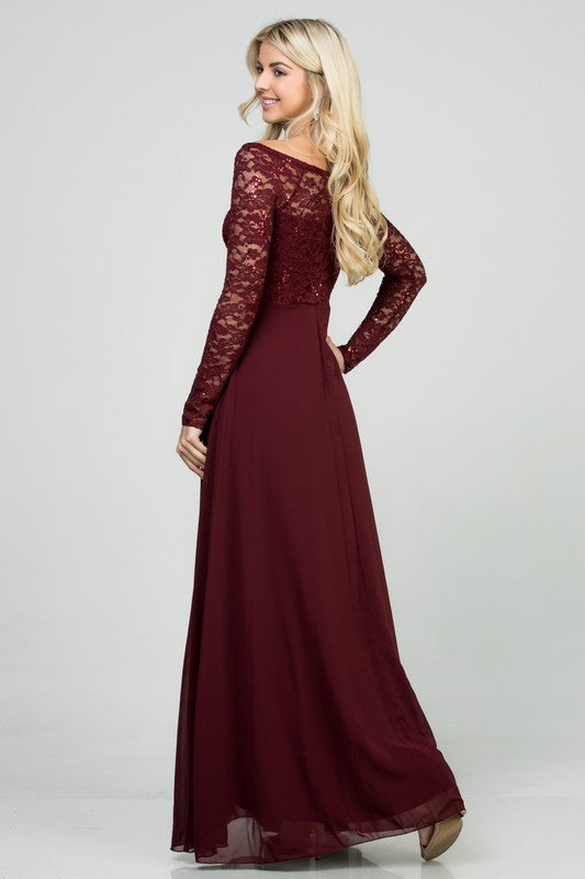SEQUIN KNIT LACE AND CIFFON WOVEN | LONG SLEEVE MAXI GOWN DRESS | MADE IN USA