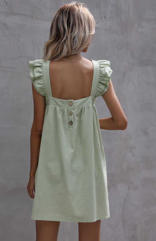 Ladies Loose Short Skirt Ruffle Vest Cotton Linen Dress