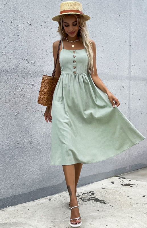 Women's Clothing Slim Fit Solid Color Cotton Linen Dress