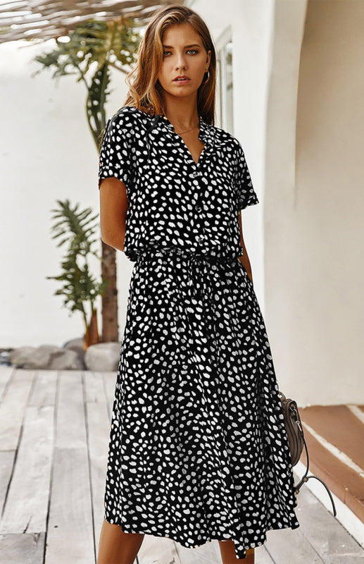 Women's Polka Dot Short Sleeve Shirt Collar Dress