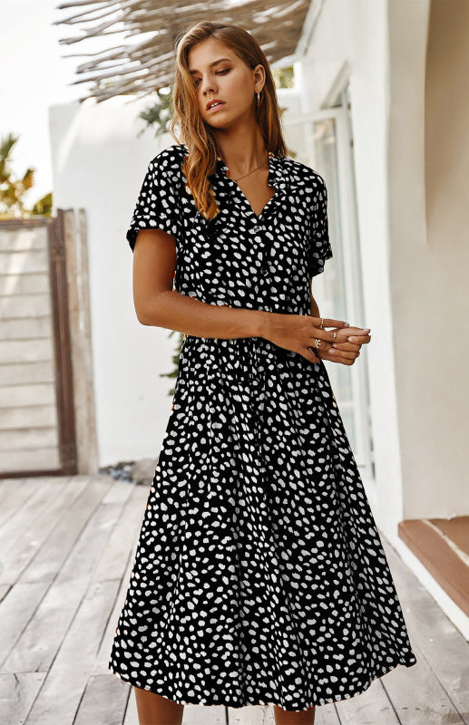 Women's Polka Dot Short Sleeve Shirt Collar Dress