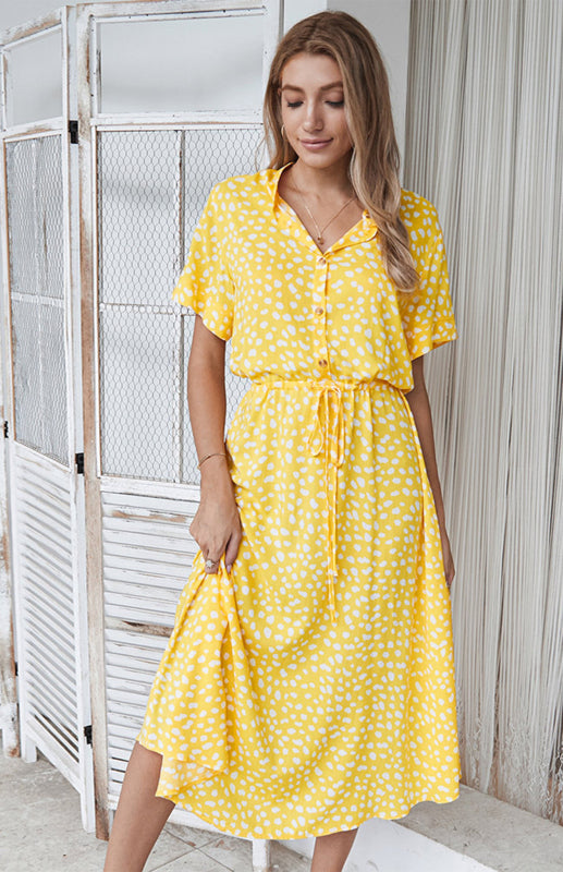 Women's Polka Dot Short Sleeve Shirt Collar Dress