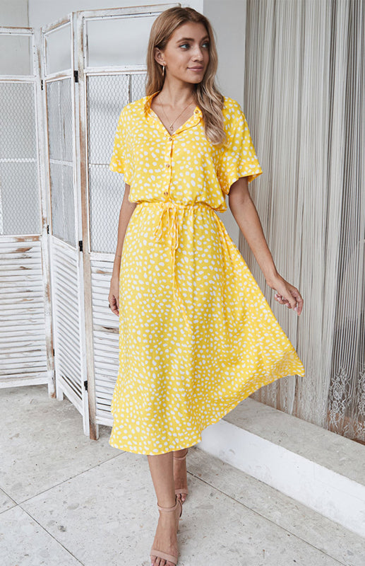 Women's Polka Dot Short Sleeve Shirt Collar Dress