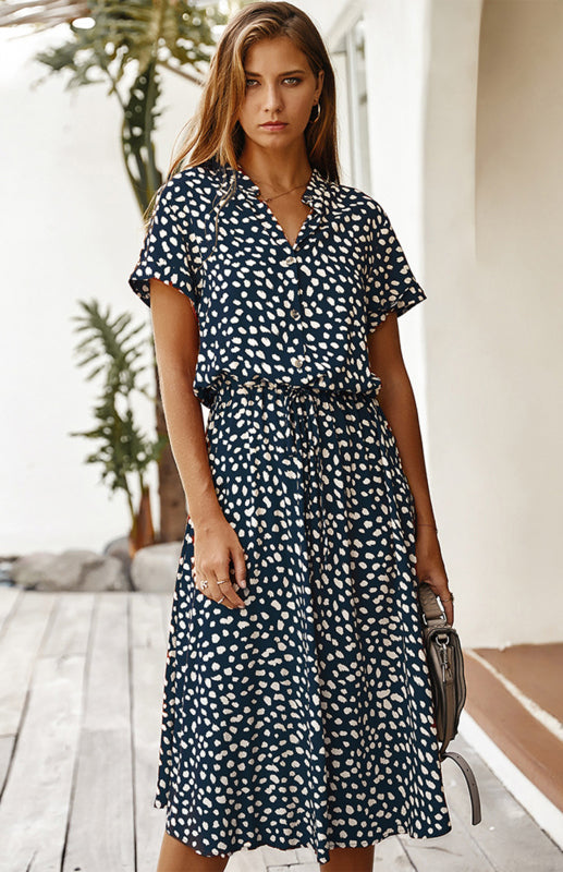 Women's Polka Dot Short Sleeve Shirt Collar Dress