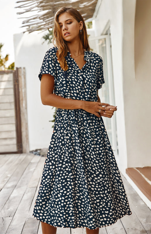 Women's Polka Dot Short Sleeve Shirt Collar Dress