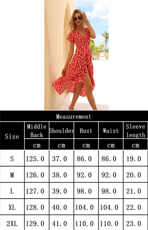 Women's Chiffon Printed V-Neck Dress Flounces Beach Skirt