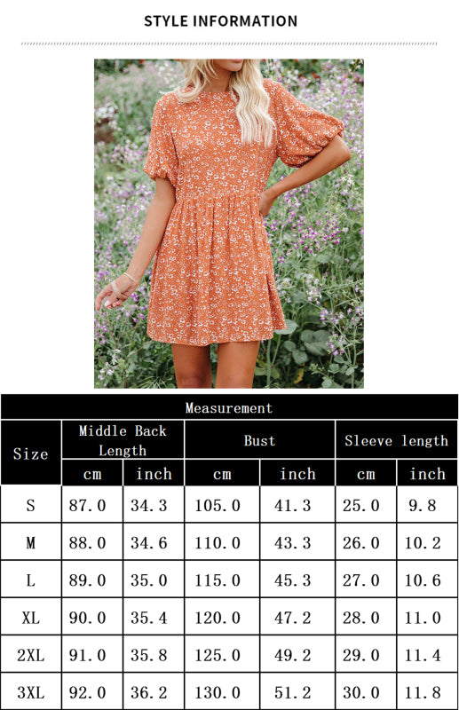 Women's Small Floral Lantern Short-Sleeved Loose Casual Dress